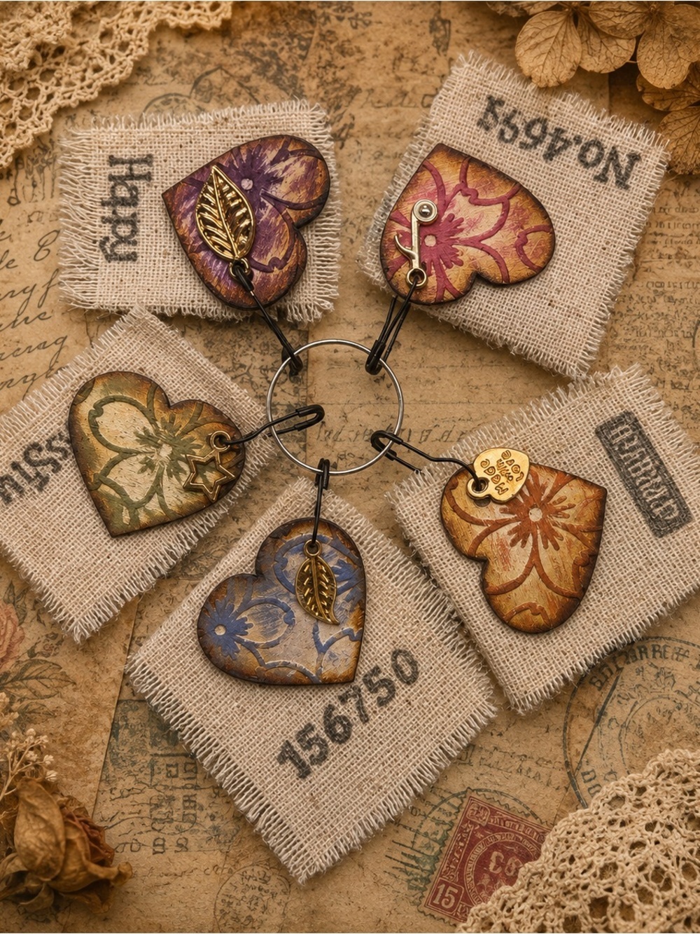 Handmade Vintage Heart Junk Journal Charms Wood Fabric Mixed Media Embellishment